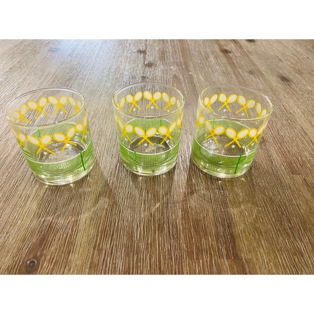 Vintage Tennis Racket Lowball Rocks Glasses Green Net Pattern Set of 3